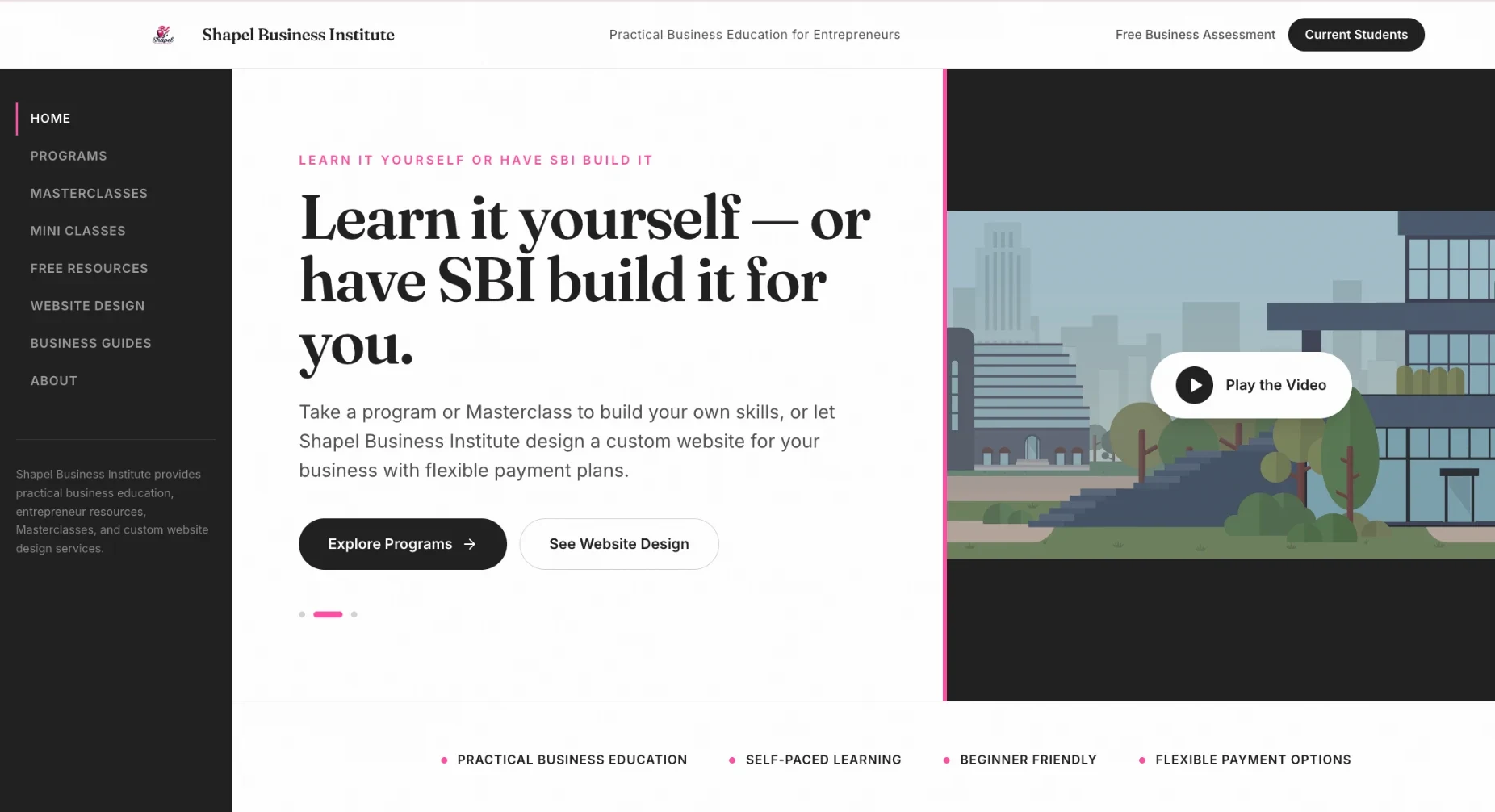 Shapel Business Institute homepage with business education programs and resources