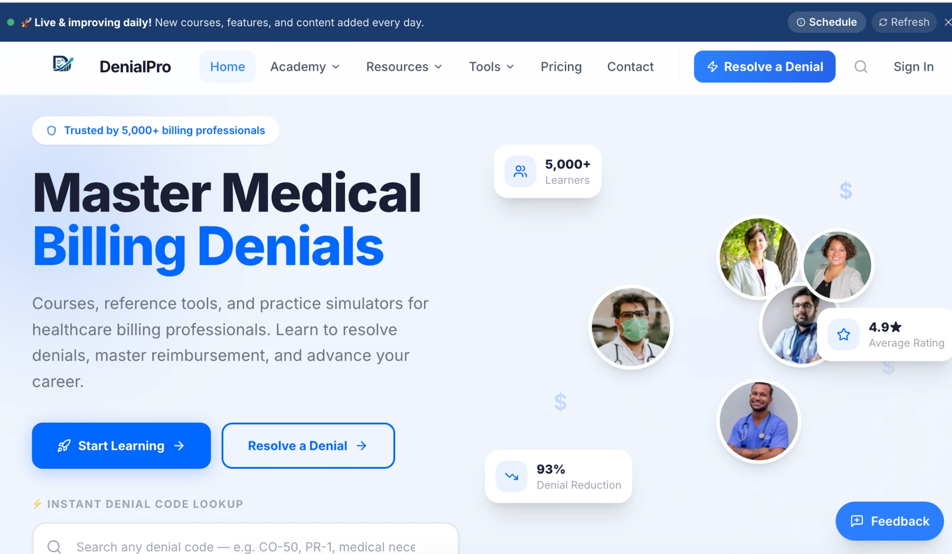 DenialPro homepage hero for medical billing denial training