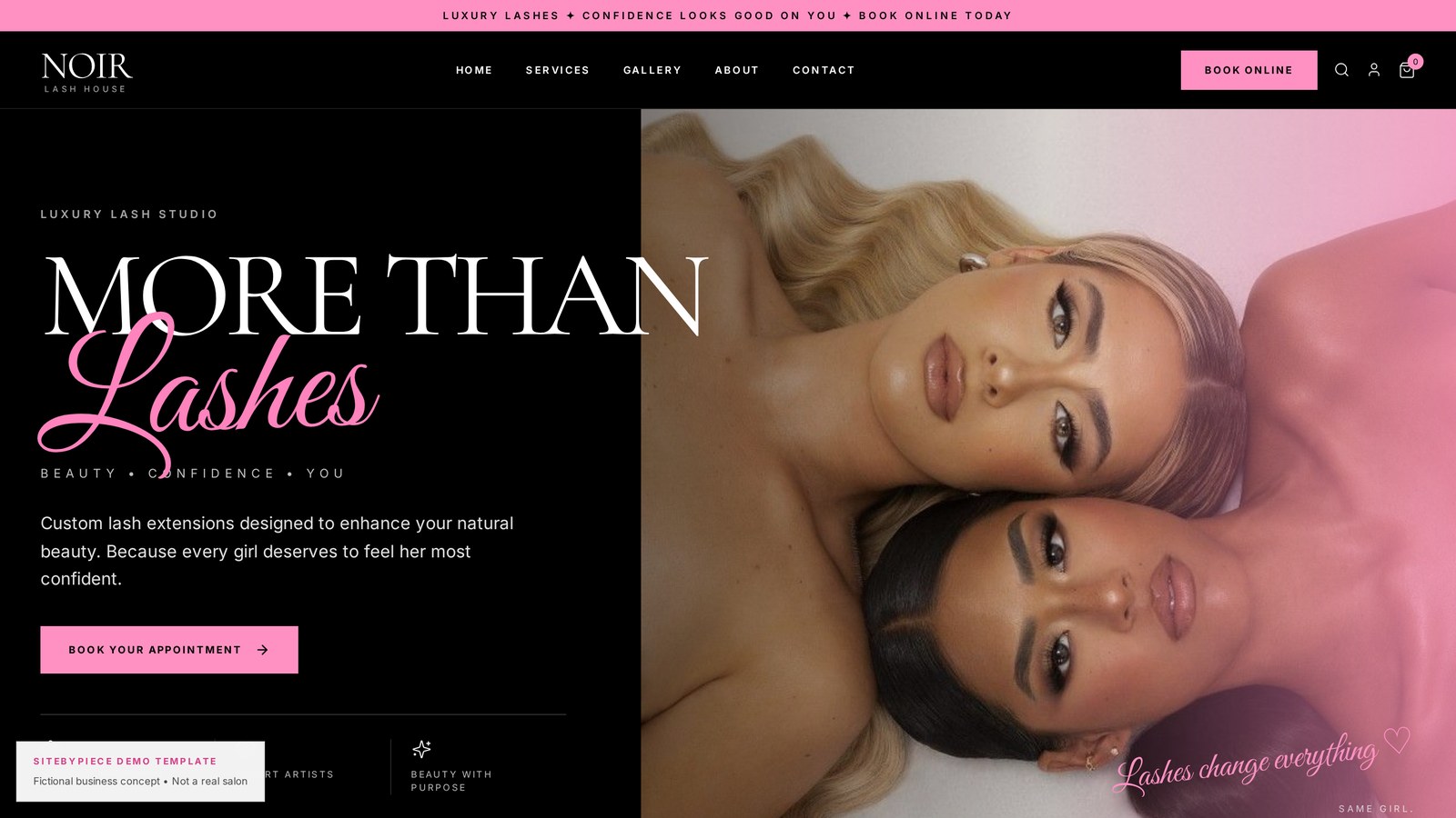 Homepage of the NOIR Lash House website concept, with a black hero, pink script headline reading More Than Lashes, and a Book Your Appointment button